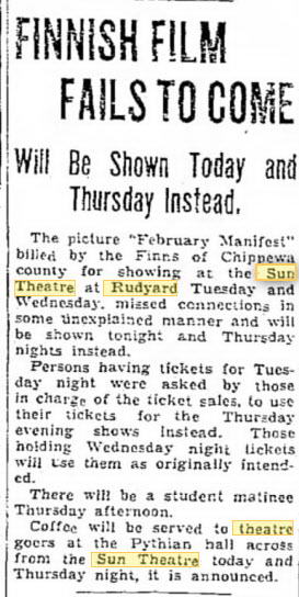 Sun Theatre - 03 Apr 1940 Showing Finnish Films